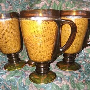 4 VINTAGE STYLISH RAFFIA WARE INSULATED PEDESTAL CUPS/MUGS.